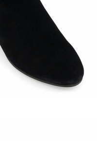 Bottine en daim noir, à bout pointu et texture lisse, avec une semelle plate noire élancée et sans matériel ni embellissements visibles.