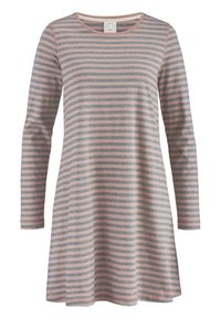Abito a maniche lunghe a righe in rosa chiaro e grigio. Tessuto morbido, collo rotondo, forma ad A, con righe orizzontali di larghezza uniforme.