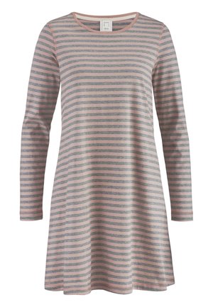 Abito a maniche lunghe a righe in rosa chiaro e grigio. Tessuto morbido, collo rotondo, forma ad A, con righe orizzontali di larghezza uniforme.