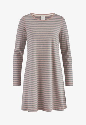 Gestreiftes Langarmkleid in Hellrosa und Grau. Weicher Stoff, runder Halsauschnitt, A-Linien-Form, mit horizontalen Streifen gleicher Breite.