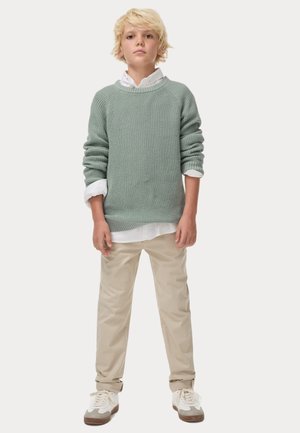 Světle zelený pletený svetr s žebrovanou strukturou, navrstvený na bílé košilové tričko. Béžové kalhoty a bílé tenisky s hnědými podrážkami.