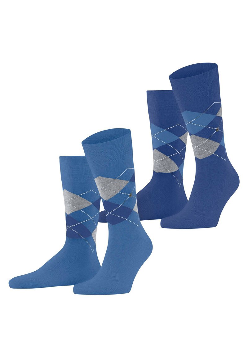 Quatre chaussettes bleues avec un motif argyle dans des nuances de bleu et de gris. Tissu texturé avec un renfort au niveau des orteils et du talon.