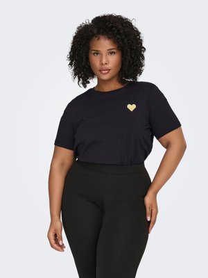 Black cotton t-shirt featuring a small gold heart design on the left chest, paired with high-waisted black pants.