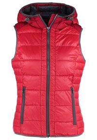 Veste sans manches matelassée rouge avec capuche, fermeture éclair frontale et deux poches latérales zippées, avec accents de bordure gris.