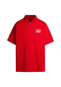 Sarkans polo krekls ar klasisku apkakli, īsām piedurknēm un logotipu, kurā rakstīts "Red Bull Racing" baltā krāsā. Izgatavots no kokvilnas, ar gludu tekstūru.