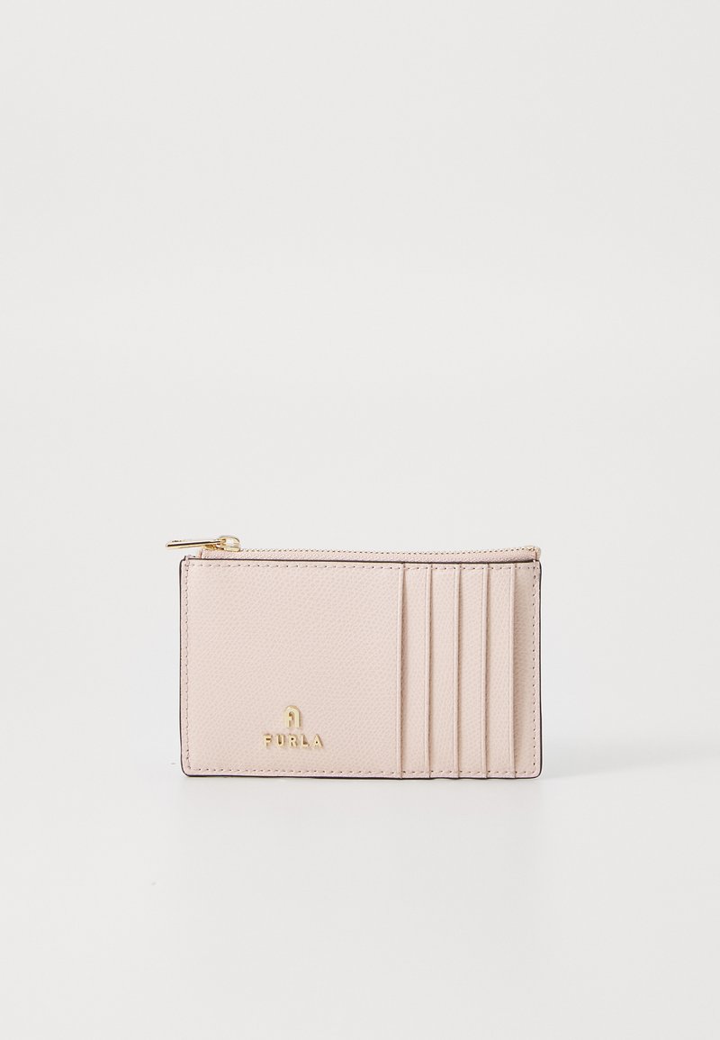 Pink leather wallet with a textured finish, featuring four card slots, a zip closure, and gold-tone branding on the front.