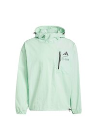 Miętowa, polarowa kurtka z kapturem, z przednią kieszenią, detalami zamka błyskawicznego oraz czarnymi akcentami brandingowymi. Lekka tkanina z elastycznymi ściągaczami przy mankietach i u dołu.