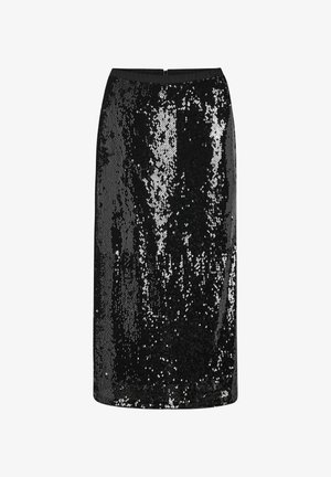 Black sequin pencil skirt with a smooth waistband and a shiny texture, featuring a shimmering pattern of silver accents.
