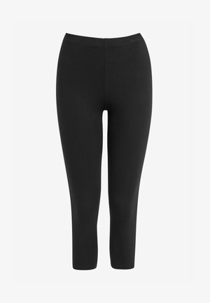 Čierne legíny vyrobené z elastického materiálu s elastickým pásom, s hladkou textúrou a krátkou dĺžkou, vhodné na rôzne neformálne príležitosti.