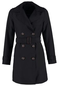 Trench-coat noir, modèle croisé, avec de gros boutons marron, une taille ceinturée et un col classique. Texture lisse, sans motifs.