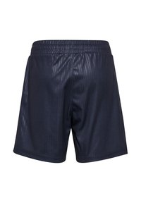 Short de sport bleu marine foncé avec une taille élastique, vue de dos, en tissu léger légèrement brillant.