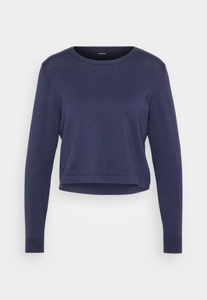 Navy blue cropped sweater made of soft knit material. Features a round neckline and long sleeves with ribbed cuffs. Simple, sleek design.