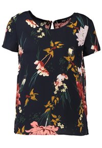 Blusa de manga corta azul marino con estampado floral en tonos de rosa, amarillo y verde. Detalle de abertura en la parte posterior. Tejido suave y ligero.