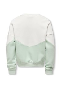 Ελαφρύ φούτερ με χρωματιστά μπλοκ, με λευκό ανώτερο τμήμα και μέντα πράσινο κάτω τμήμα. Υφή υφάσματος με ριμπ μανσέτες και τελείωμα.