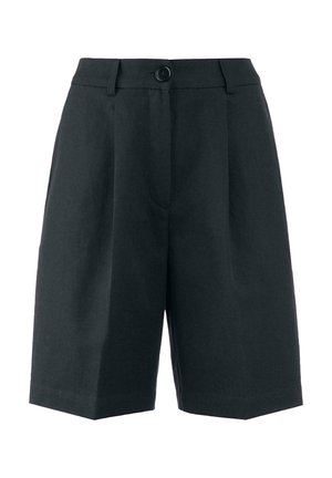 Schwarze Shorts aus strukturiertem Stoff. Maßgeschneiderter Schnitt mit Falten, Knopfverschluss und weit geschnitten. Der Saum endet knapp über dem Knie.