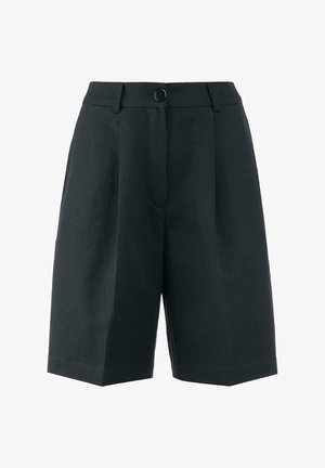 Schwarze Shorts aus strukturiertem Stoff. Maßgeschneiderter Schnitt mit Falten, Knopfverschluss und weit geschnitten. Der Saum endet knapp über dem Knie.