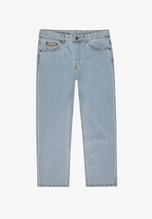 Jasnoniebieskie dżinsy o klasycznym prostym kroju, z pięcioma kieszeniami i zapięciem na guzik. Charakteryzują się subtelną teksturą i delikatnym wyblaknięciem.