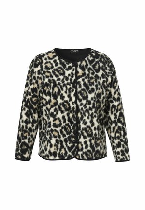 Langärmelige Jacke mit Knopfleiste mit schwarz-weiß-beigem Leopardenmuster und rundem Ausschnitt.