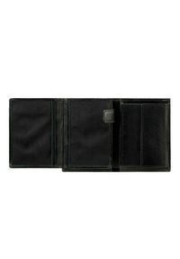 Portafoglio in pelle nera aperto per rivelare numerosi scomparti per schede e due compartimenti interni. Texture liscia con cuciture pulite e hardware minimale.