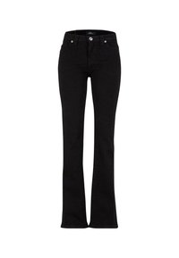 Jeans de mezclilla negra acampanada con cierre de botón, diseño de cinco bolsillos y detalles de costura. La tela parece suave con una textura lisa.