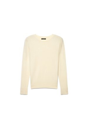 Long-sleeve, cream-colored crew neck sweater with ribbed cuffs and hem, displayed on a white background.