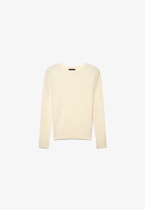 Long-sleeve, cream-colored crew neck sweater with ribbed cuffs and hem, displayed on a white background.