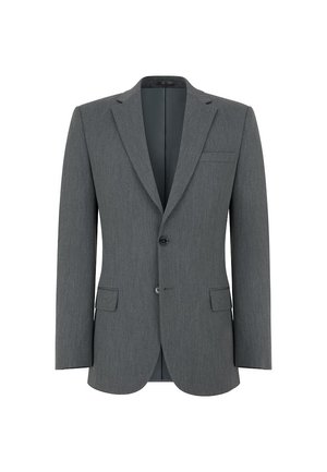 Szara marynarka z gładkiej, teksturowanej tkaniny. Posiada klapy z wycięciem, pojedyncze zapięcie na guzik oraz dwie przednie kieszenie i kieszeń na piersi.