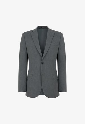 Szara marynarka z gładkiej, teksturowanej tkaniny. Posiada klapy z wycięciem, pojedyncze zapięcie na guzik oraz dwie przednie kieszenie i kieszeń na piersi.