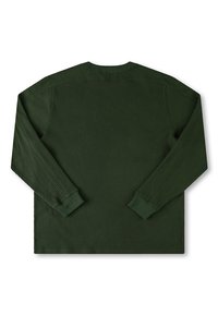 Green ribbed long-sleeve shirt with a textured fabric. Features rounded neckline and elastic cuffs. Rear view shows uniform pattern.