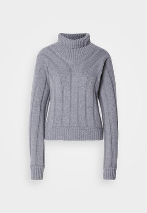 Grauer Strick-Turtleneck-Pullover mit geripptem Saum und strukturierten vertikalen Linien. Verfügt über lange Ärmel und eine taillierte Silhouette.