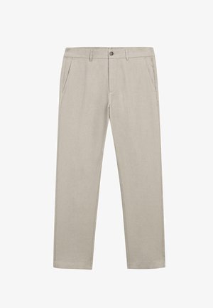 Pantalon beige à jambe droite avec passants pour ceinture, poches latérales, fermeture à boutons et zip dissimulé à l'avant.