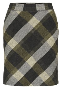 Gonna a quadri in misto lana, nei toni di grigio, beige e oliva. Presenta una silhouette aderente con una vita alta e un motivo geometrico a tartan.