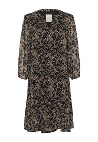 Schwarzes Kleid mit drei Viertel-Ärmeln, V-Ausschnitt und floralem Muster in Beige und Helllila; aus leichtem, durchscheinendem Stoff gefertigt.