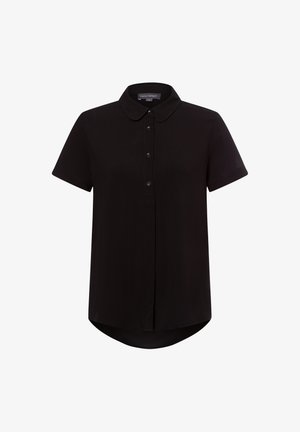 Schwarzes kurzärmliges Hemd mit Kragen, Knopfleiste, abgerundetem Saum und glattem Stoff. Schlichtes Design ohne Muster oder Verzierungen.