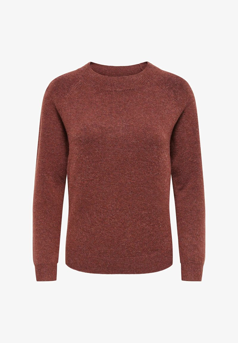 Pull tricoté à manches longues et col rond, coloris rouille moucheté, avec poignets et ourlet côtelés.