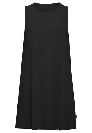 Schwarzes ärmelloses Kleid aus glattem Stoff, mit rundem Ausschnitt und einer lockeren, fließenden Silhouette ohne Verzierungen.