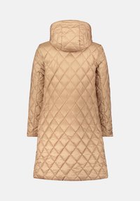 Quiltet beige frakke med hætte, der har et diamantmønster og lange ærmer, designet til varme. Glat tekstur og knælang længde.