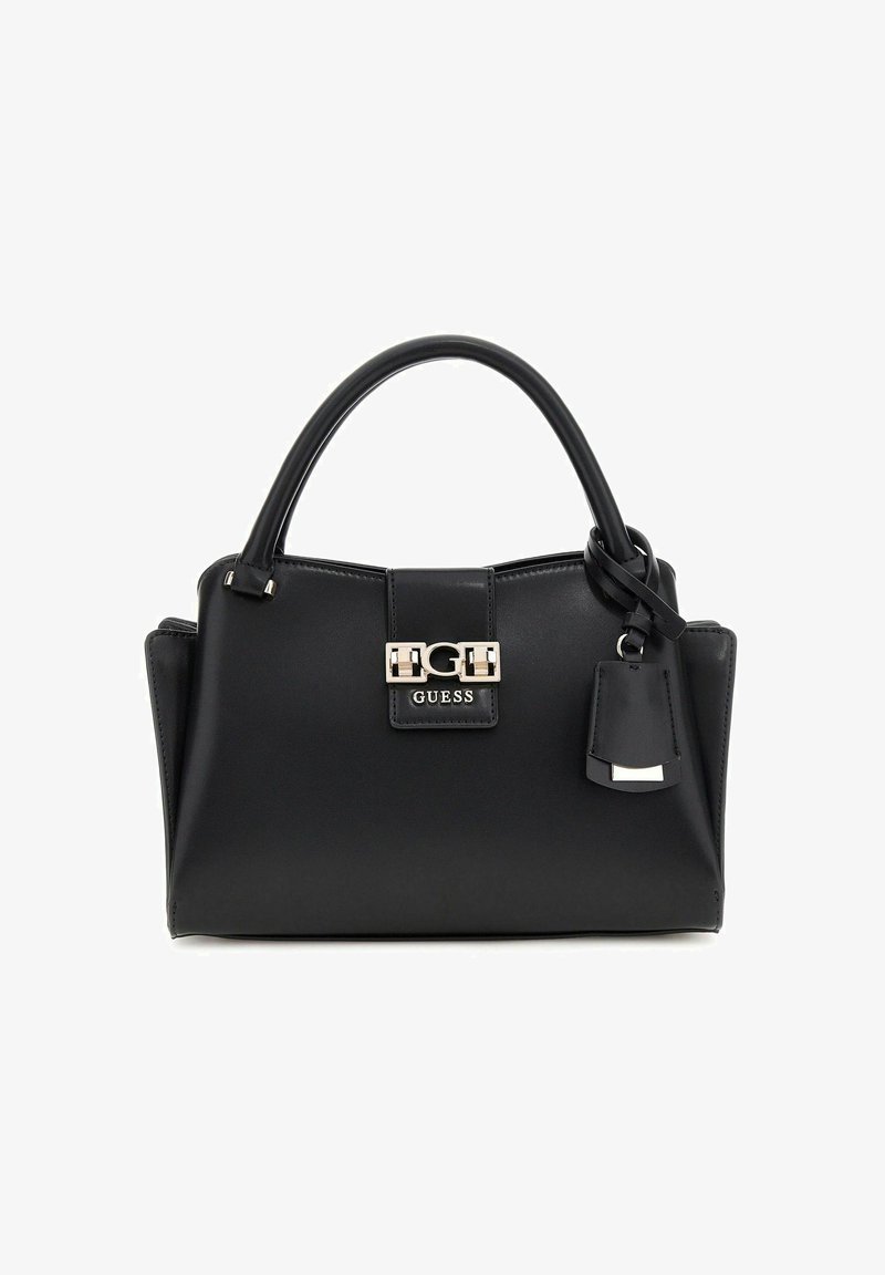 Sac à main en cuir noir avec une forme structurée, des poignées supérieures, des finitions en métal argenté et une petite étiquette attachée. Présente un logo bien en vue.