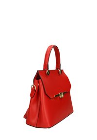 Borsa a mano in pelle rossa con forma strutturata, accessori dorati e rifiniture nere. Presenta una maniglia superiore e una tracolla rimovibile.