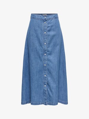 Blue denim midi skirt with front button closure and simple waistband design, flared silhouette.
