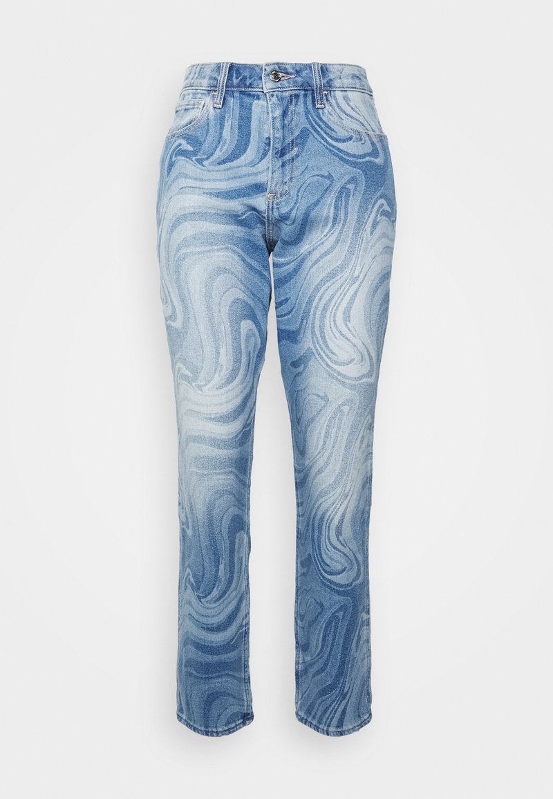 Jeans de denim azul claro com um padrão espiral, design de perna reta, cintura alta, estilo de cinco bolsos e fecho superior.