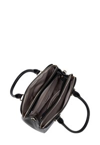 Black leather handbag with two zippered compartments and a smooth texture. Features gold hardware and a brief, structured design.