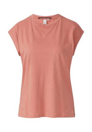 Ärmelloses, roséfarbenes Damen-T-Shirt mit Rundhalsausschnitt und kleinem weißen Logo am unteren Saum auf einfarbigem Hintergrund.