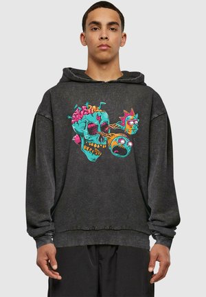 Black hooded sweatshirt featuring a colorful skull and cartoon design on the front, with vibrant accents and a relaxed fit.