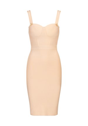 Beige getailleerde jurk met een gestructureerde buste, horizontale ribbels, smalle bandjes en goudkleurige accenten op de schouders. Gladde textuur en knielang.