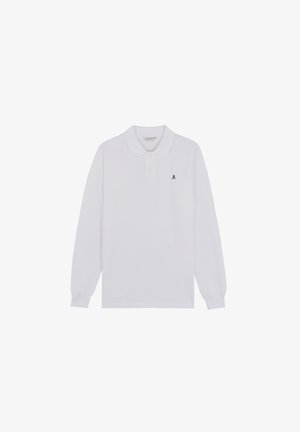 Polo cu maneci lungi, de culoare albă, fabricat din bumbac, având un guler clasic și un mic logo cu un skull negru pe piept. Design simplu.