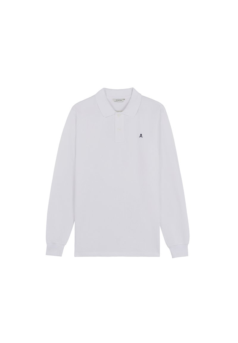 Biała koszulka polo z długim rękawem wykonana z bawełny, z klasycznym kołnierzykiem i małym czarnym logo czaszki na piersi. Prosty design.