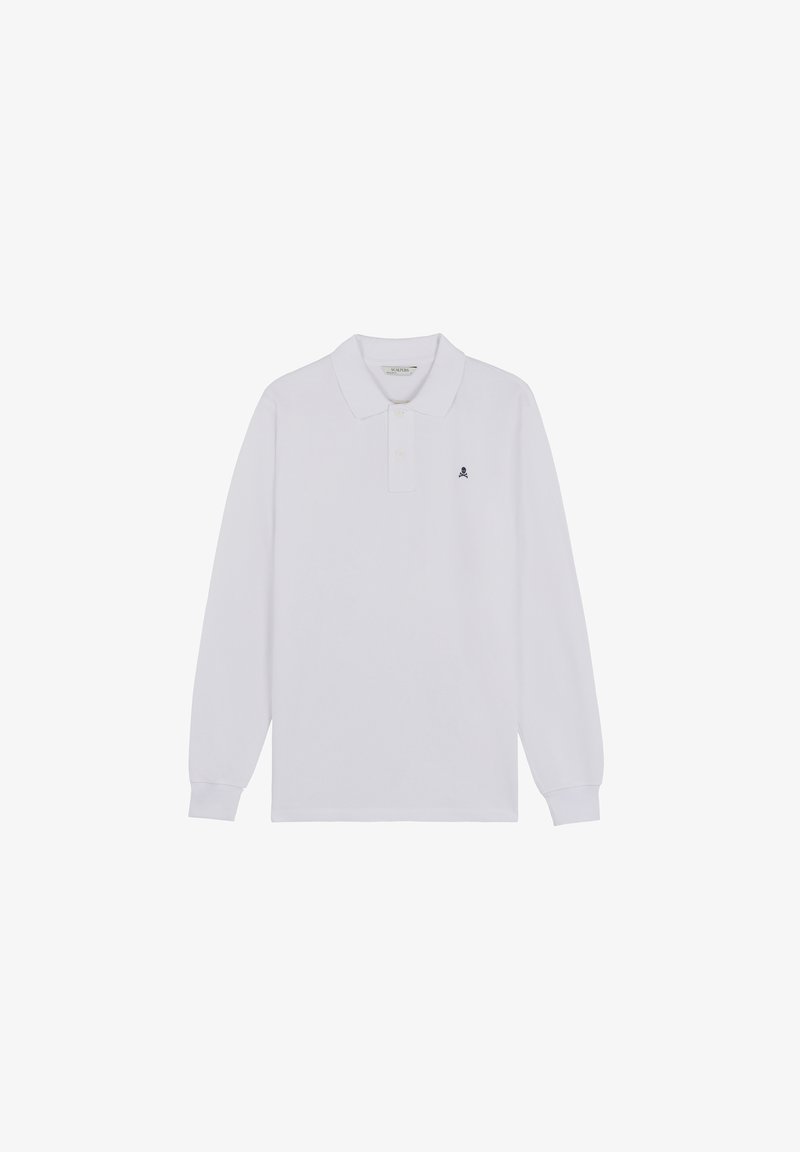 Biała koszulka polo z długim rękawem wykonana z bawełny, z klasycznym kołnierzykiem i małym czarnym logo czaszki na piersi. Prosty design.