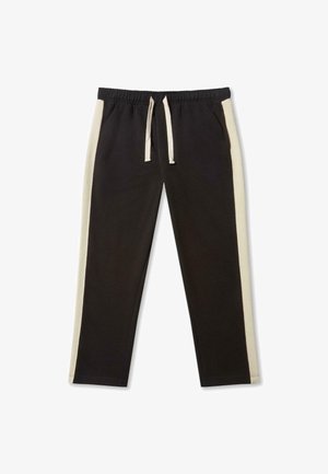 Sorte sweatpants med cremefarvede side-striber, lavet af blødt bomuld. Har en elastisk linning med snøre og en afslappet pasform.
