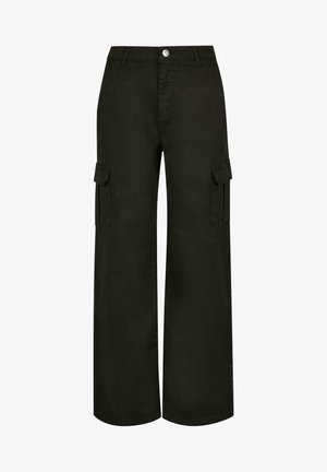 Pantaloni cargo a gamba larga neri. Realizzati in tessuto morbido con tasche laterali, dotati di chiusura a bottone e passanti per cintura. Design semplice e funzionale.